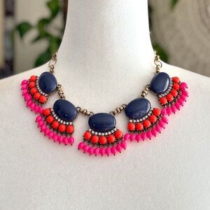 J.Crew 18in Statement Bib Necklace Gold Tone Pink Coral Navy Cabochon Boho Chic